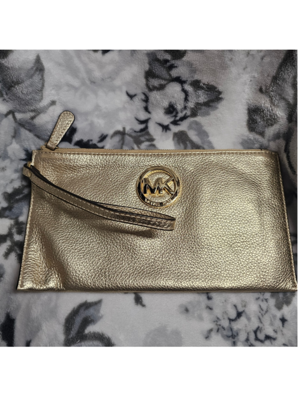 Michael Kors Metallic Gold Pebbled Leather MK Logo Wristlet Clutch